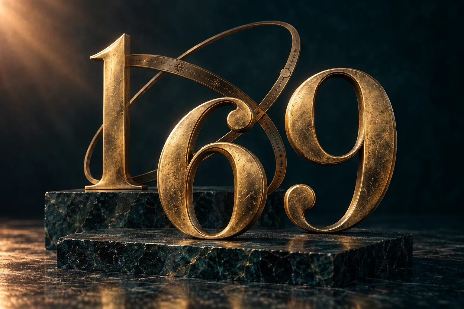 Sculptural brass numerals and celestial rings in warm light